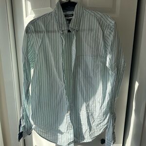 Express Men's Mint Green and White Striped Button-Down Shirt